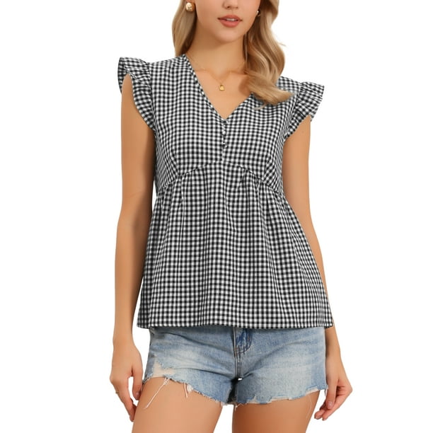 Top de Gingham de Verano para Mujer, Sin Mangas, Cuello en V, Peplum, Camisa Casual de Cuadros, Talla XS, Negro