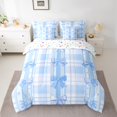 thumbnail image 2 of Manfei Ribbon Bow Bowtie 7 Pieces Bedding Comforter Set,Blue Geometric Grid Print Full Bedding Set,Princess Bowknot Fitted Sheet Flat Sheet For Child,Ultra Soft Home Decor Reversible, 2 of 8