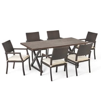 Outdoor 7 Piece Aluminum Dining Set with Wicker Dining Chairs and Cushions,White,Multibrown