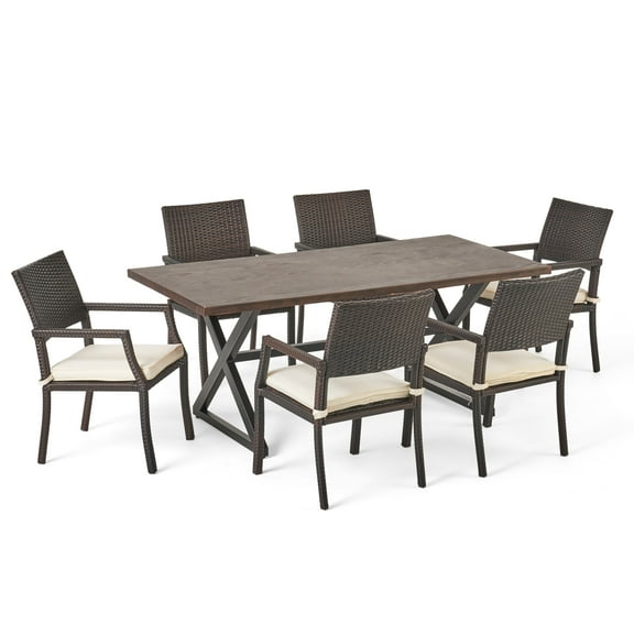 Outdoor 7 Piece Aluminum Dining Set with Wicker Dining Chairs and Cushions,White,Multibrown