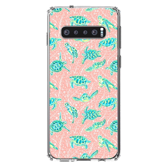 DistinctInk Clear Shockproof Hybrid Case for Samsung Galaxy S10 (6.1" Screen) - TPU Bumper, Acrylic Back, Tempered Glass Screen Protector - Preppy Pattern - Turtles on Pink Background