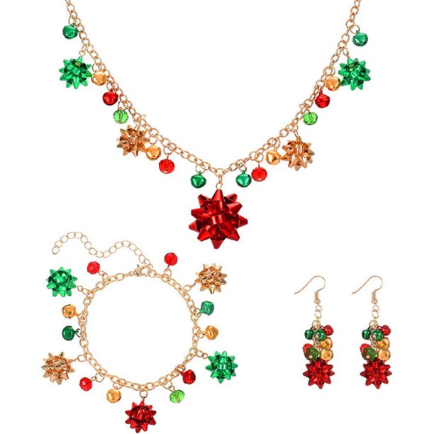 Collar de Navidad Colorido Brillante Diamante de imitación Perla Copo de nieve Collar con dijes Collar Pulsera Pendientes Conjunto Novedad Joyería de Santa para Mujeres Niñas