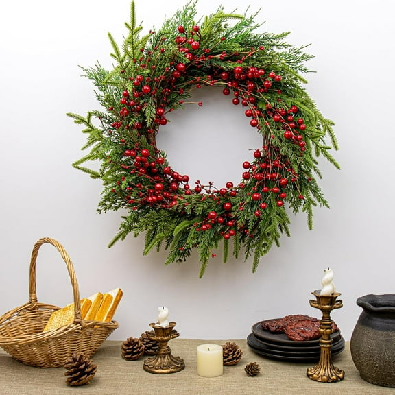 JEWLALO 20 Inches Classic Christmas Wreath, Rustic Christmas Wreaths for Front Door Xmas Winter Wreath with Green Norfolk Pine Needle Red Berry for Door Window Porch Wall Indoors Outside