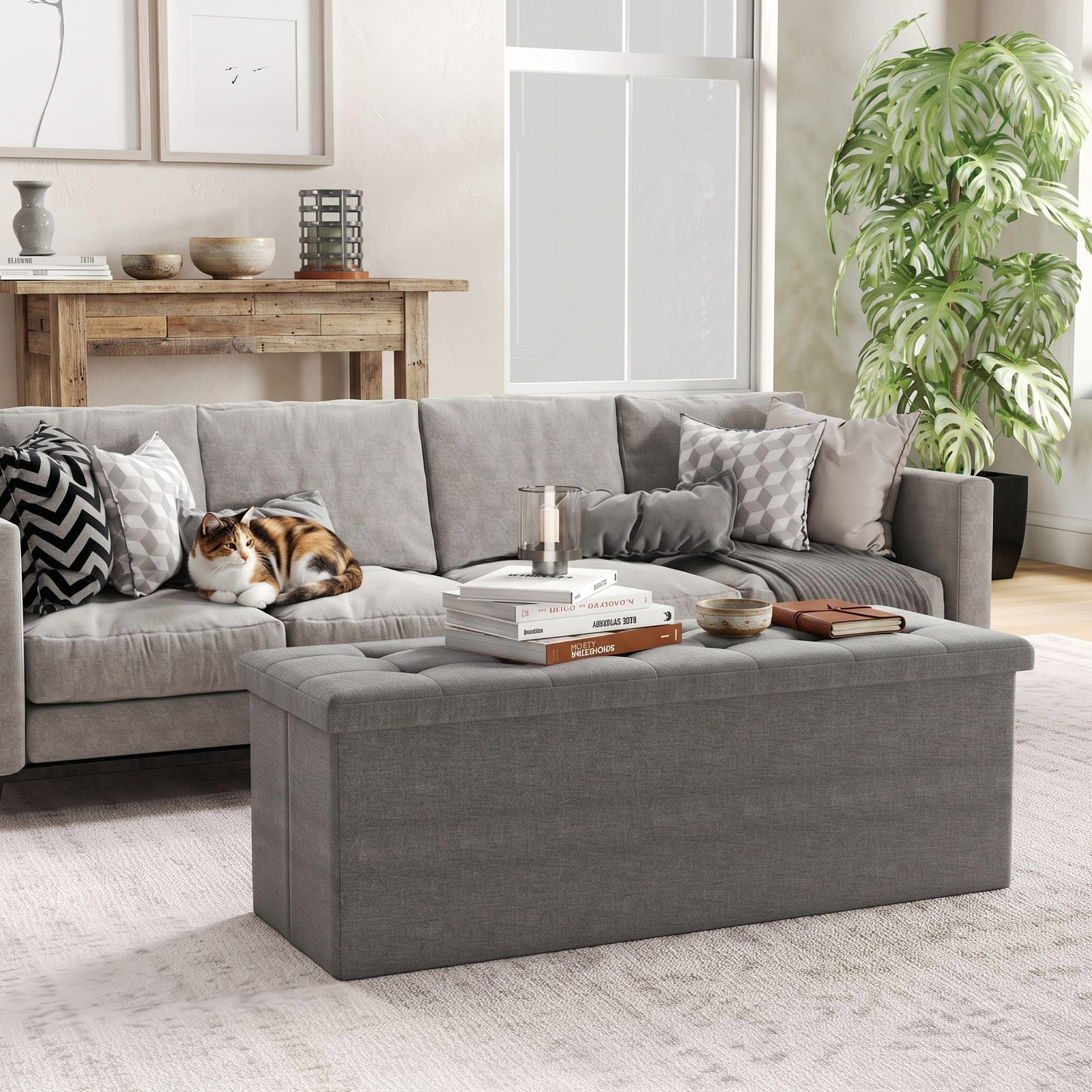 Furnibear 43 Inch Folding Linen Storage Ottoman Bench with Padded Seat and Divider for Living Room, Bedroom and Entryway, Dark Gray
