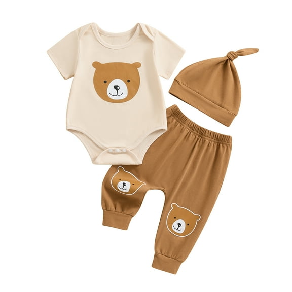 Aojekbee Baby Boys 3Pcs Summer Outfits Short Sleeve Bear Print Romper   Pants   Hat Set Newborn Clothes