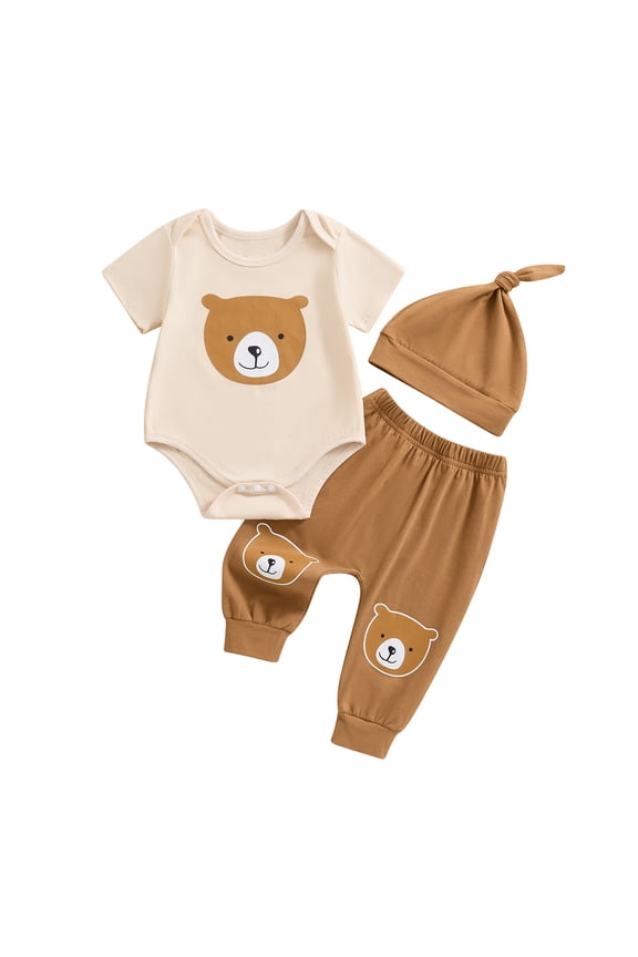 Aojekbee Baby Boys 3Pcs Summer Outfits Short Sleeve Bear Print Romper + Pants + Hat Set Newborn Clothes