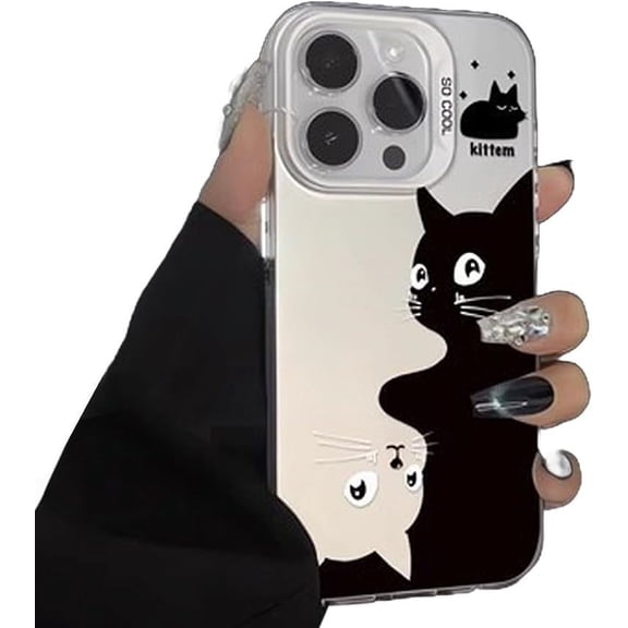 Designed for IPhone Case,Cute Art Cartoon Cat Pattern Shockproof Protective Cover Phone Case (iPhone 15 Pro,White)