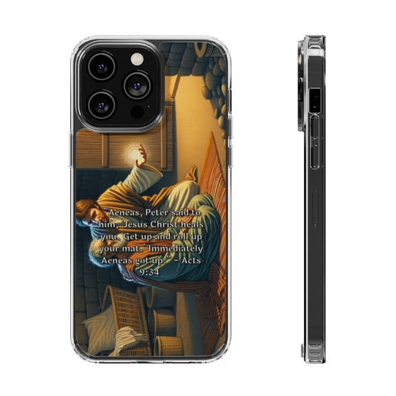 DistinctInk Hybrid (Acrylic / TPU) Clear Slim Fit Case for Apple iPhone 12 Pro MAX (6.7" Screen) - "Aeneas Gets Up: Healing by Jesus Christ - Acts 9:34"