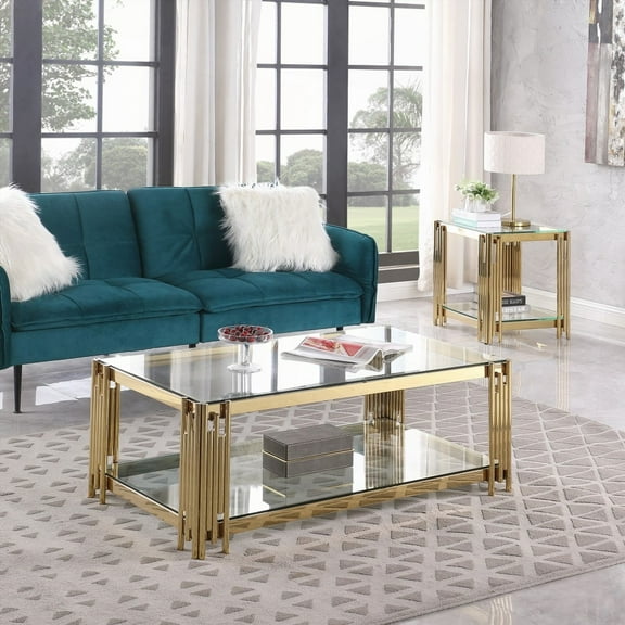 Woker Furniture 48" Wide Rectangular Glass Top Coffee Table with Golden Stainless Steel Legs for Living Room