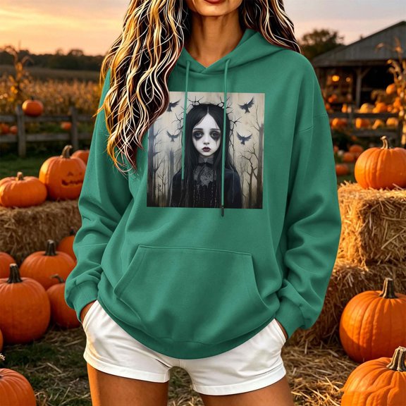Molidfa Women's Ghost Girl Hoodie Spooky Bat Graphic Oversized Halloween Pullover Sweatshirt