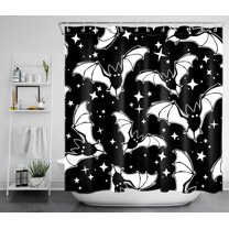 Spooky Halloween Shower Curtain Decor, Gothic Horror Halloween Black and White Bats Shower Curtains 72X79 inch Polyester Fabric Bathroom Decoration Bath Curtains Hooks Included