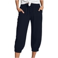 thumbnail image 2 of Women's Crinkle Wide Leg Pants, High Waisted Cropped Palazzo Pants with Drawstring and Pockets, Loose Fit Casual Beach Pants for Vacation, Lounge and Daily Wear-Dark Blue, 2 of 5