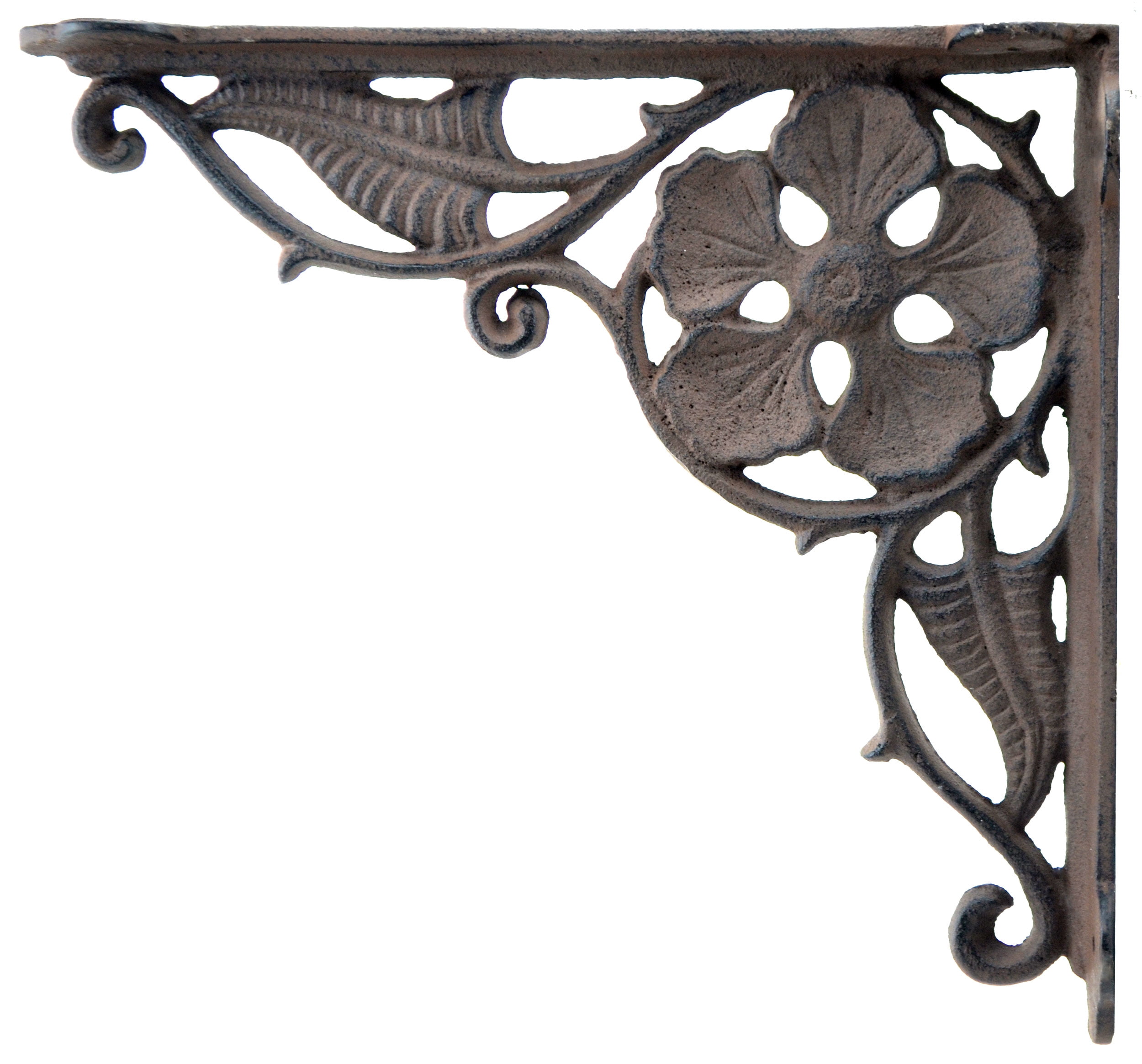 Decorative Shelf Bracket - Flower Leaf - Distressed Brown Cast Iron - 9.375"