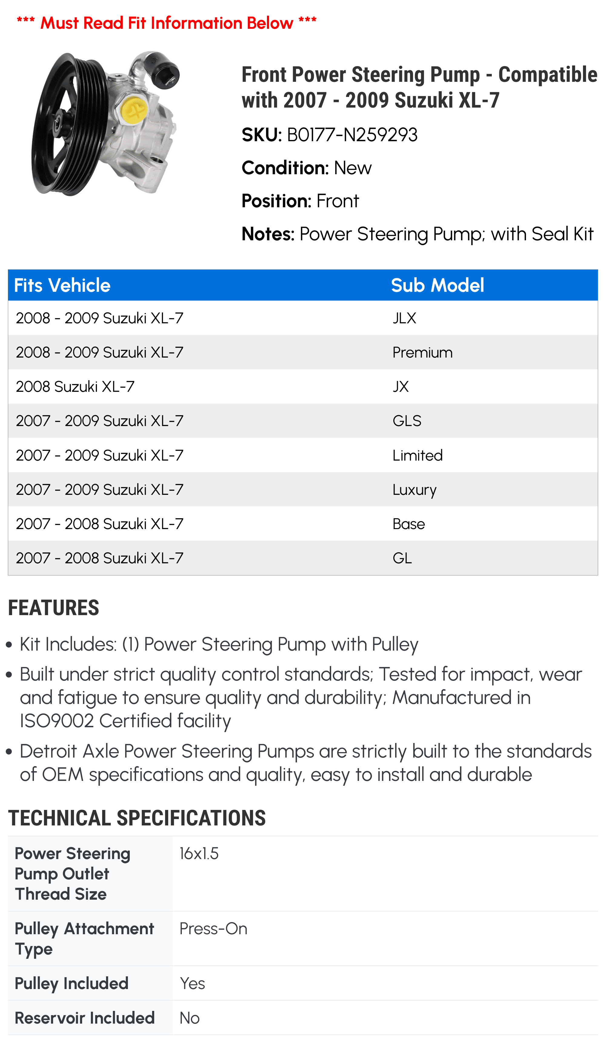 Front Power Steering Pump - Compatible with 2007 - 2009 Suzuki XL-7 2008