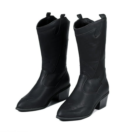 

ZMHEGW Boots For Women Middle Toe Color Embroidery Round High Solid Retro Booties Slip On Heels Boots Shoes