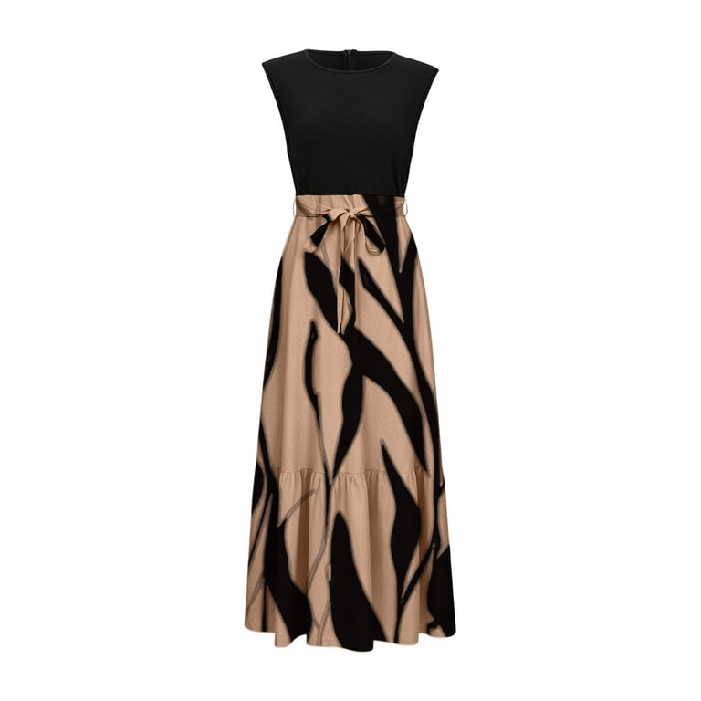 Swanpen Women's Summer Crew Neck Sleeveless Maxi Dress Abstract Leaf Stripe Print High Waist Drawstring Tier Ruffle Loose Long Casual Skirt with Side
