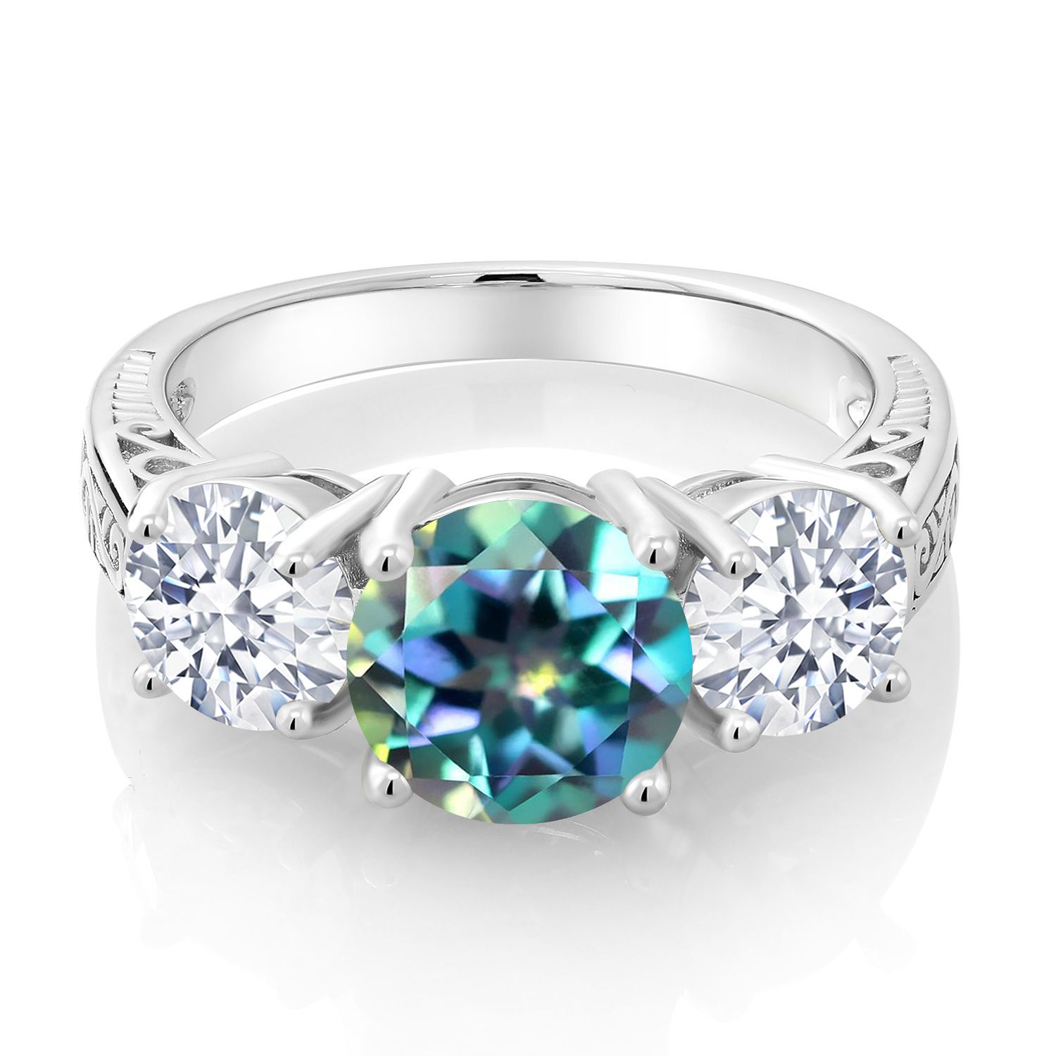 Gem Stone King 5.00 Cttw Round Millennium Blue Mystic Topaz 3-Stone Ring for Women | 925 Sterling Silver | Three Stone Wedding Engagement Anniversary Promise Ring for Women | Size 5