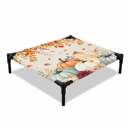 Thanksgiving Pumpkins Elevated Dog Bed Fall Harvest Vintage Orange Teal Maple Leaves Flower Cooling Breathable Outdoor Raised Dog Cot Bed with Metal Frame Non-Slip Feet for Small Dog 20x20in