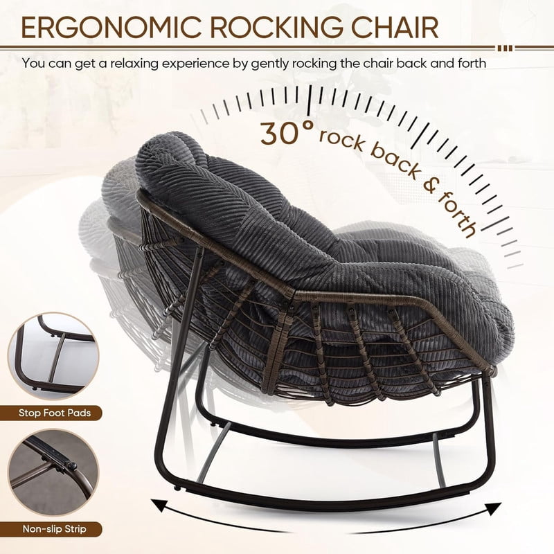 Outdoor Rattan Rocking Chair, Rocking Papasan Chair with Thick Cushion, Comfy Wicker Egg Chairs Lounge Recliner Chair, Padded Cushion Rocker