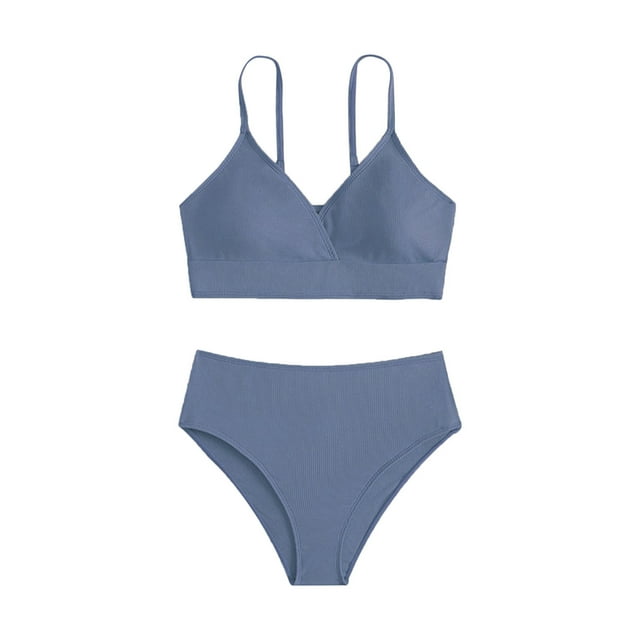 MIASHUI Girls Swimsuit Bikini Set Bathing Suits Two Piece Solid Color Swimwear Bathing Suit,Blue,12-14 Years
