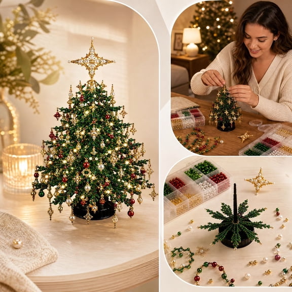 PD7VCT 2027 New DIY Beaded Christmas Tree Kit, Handmade Mini Desk Xmas Bead Art, Create Your Own Sparkling Holiday Decor, 3D Crystal Bead Christmas Tree Making Kit, Holiday Tabletop Decoration