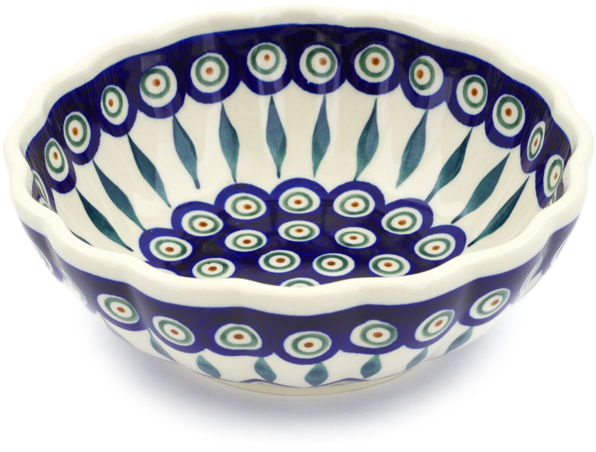 Polish Pottery 7-inch Fluted Bowl (Peacock Leaves Theme) Hand Painted