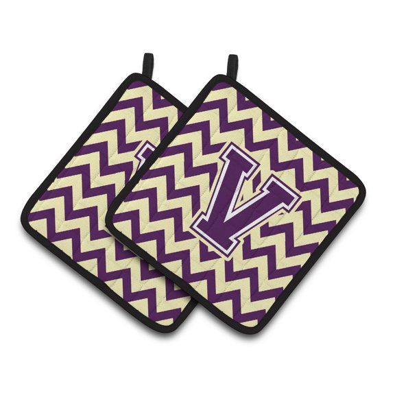 Carolines Treasures CJ1058-VPTHD Letter V Chevron Purple and Gold Pair of Pot Holders, 7.5HX7.5W, multicolor