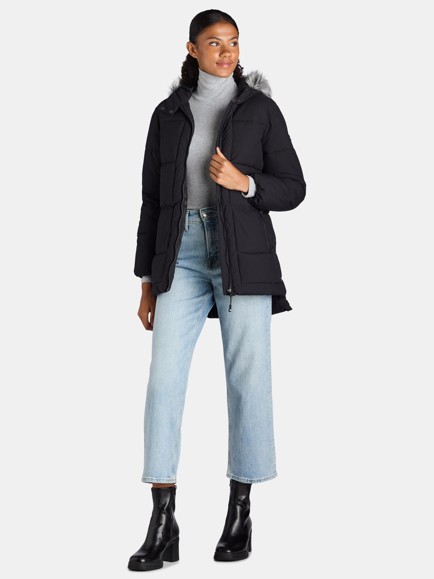 Big Chill Women's and Women's Plus Wide Quilted Puffer Coat with Faux Fur Trim Hood, Sizes S-3X
