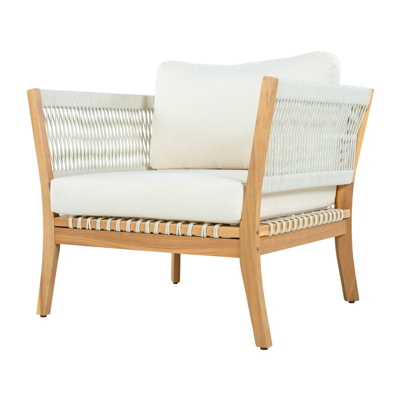 1Pcs Outdoor Acacia Wood Dining Chair with Woven Rope Armrests, Weather-Resistant Modern Accent Armchair with Thick Cushions