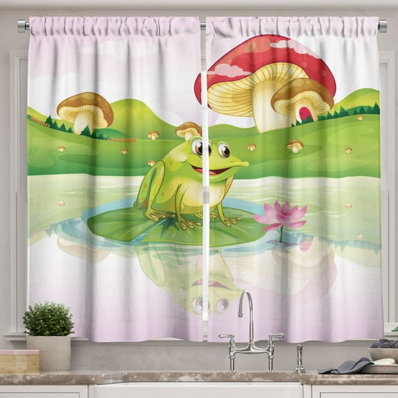Ambesonne Colorful Kitchen Curtains, Frog on Water Lily Art, 55"x45", Multicolor