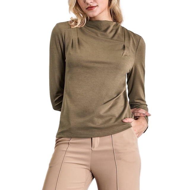INSPIRAR CHIC Blusa de Manga Larga para Mujeres Otoño Invierno Casual Trabajo Cuello Mock M Marrón