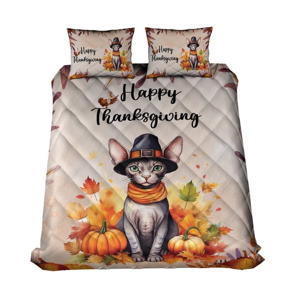 Happy Thanksgiving Sphynx Welcome Thankful Fall Autumn Pumpkin Quilt Bedding Set Cat Lover Kitten Owner Gifts Idea 1 Blanket Bed Cover 2 Pillowcases - 02021