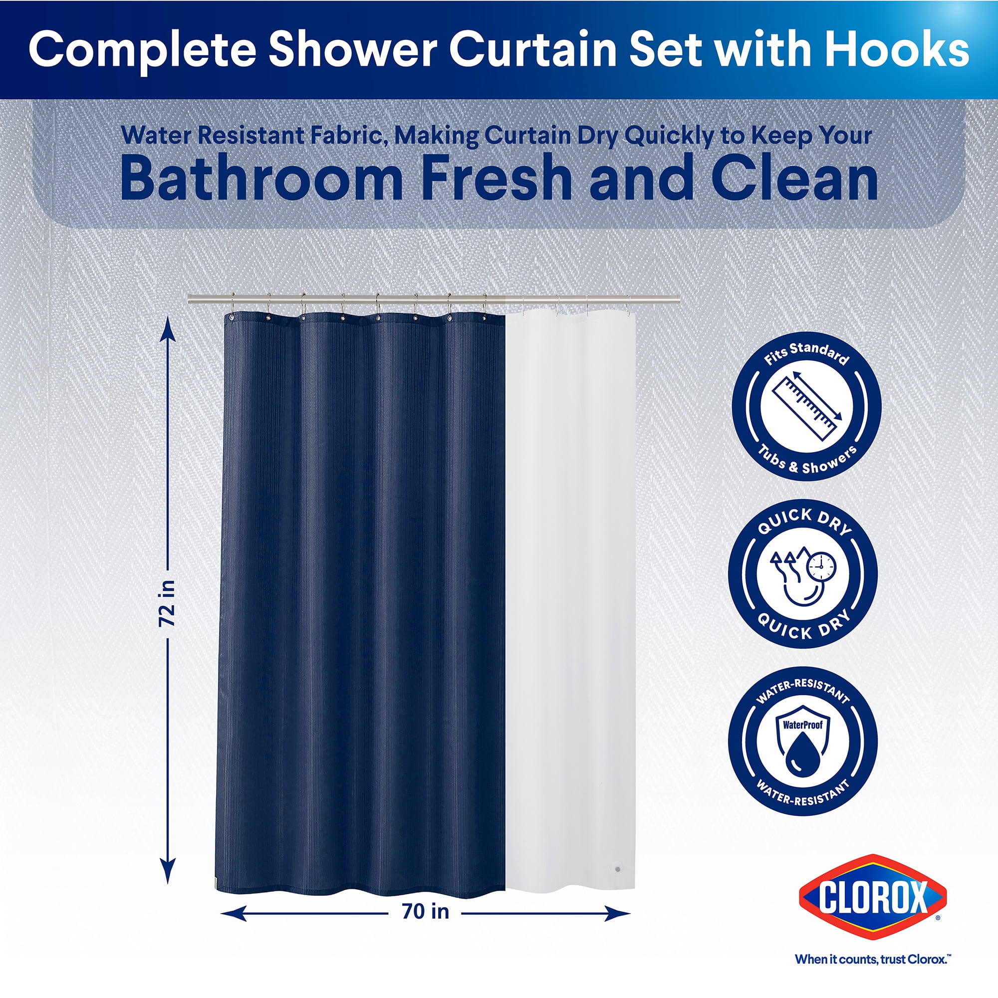 Clorox 100% Polyester Shower Curtain Set with Waterproof PEVA Liner and 12 Metal Hooks (Midnight Blue)