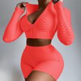 thumbnail image 2 of ITFABS Female Casual Solid Color Stand Collar Long Sleeve Crop Tops+Short Pants, 2 of 3