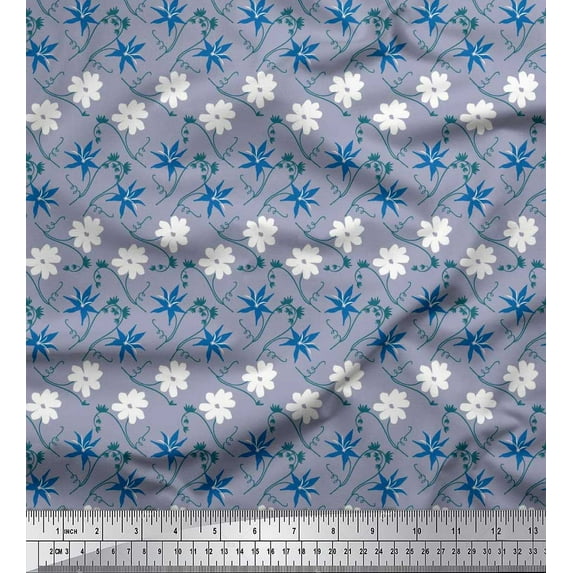 Soimoi Grey Cotton Cambric Fabric Swirl & Daisy Floral Print Fabric by Yard 42 Inch Wide