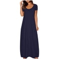 thumbnail image 2 of GaThRRgYP Women's Pleated Short Sleeve Dress,Women's Large Pocket Solid Color Dress Round Neck Short Sleeved Dress Navy L, 2 of 6