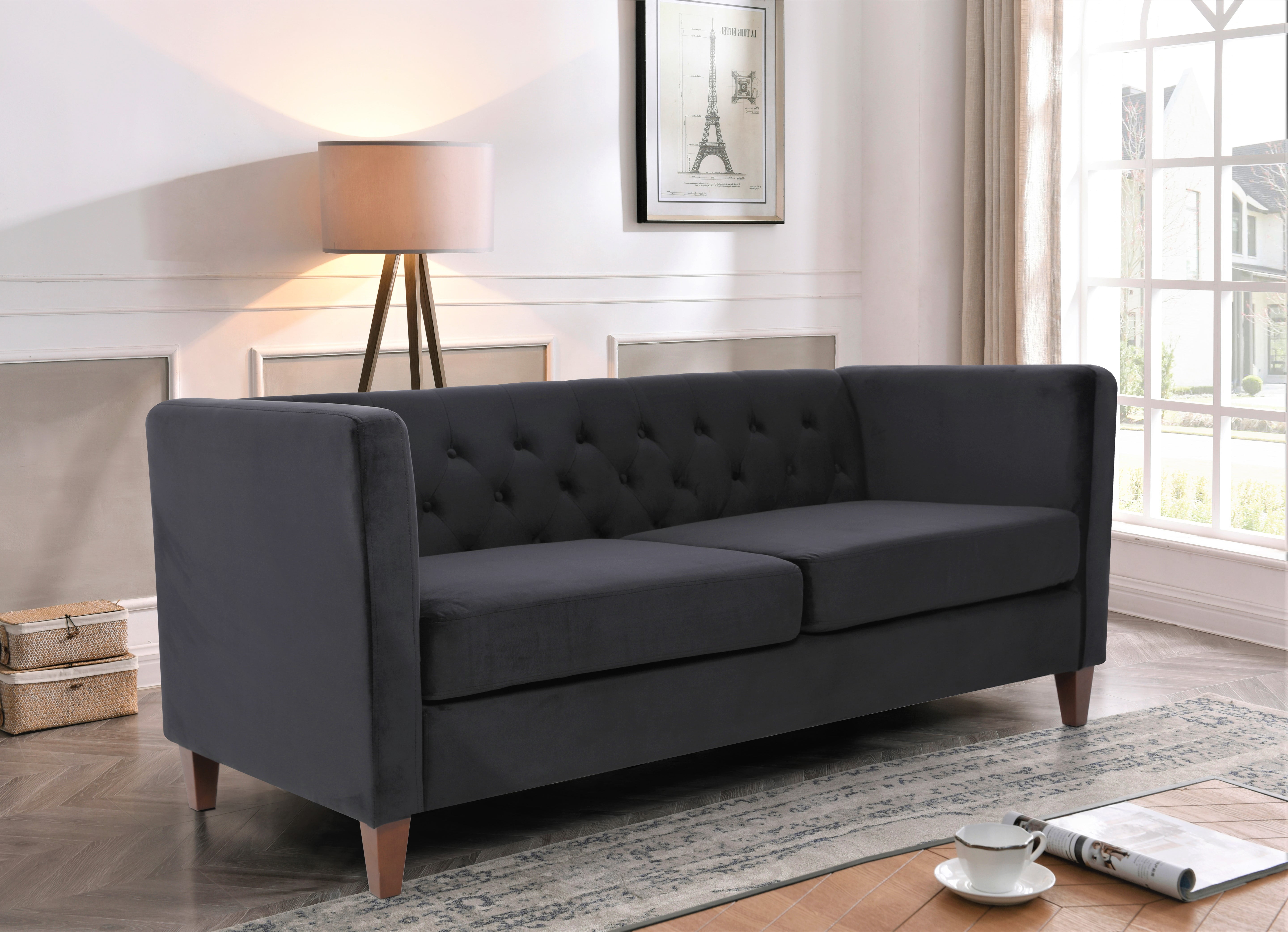 Uspridefurniture Lisette 73.3'' Velvet Square Arm Sofa,Black