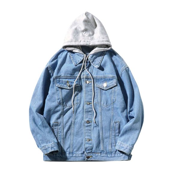 Business Casual Jacket Jerdar Men's Hooded Denim Jacket Button Flap Pockets Solid Color Long Sleeve Washed Loose Fit Vintage Casual Fall Winter Trucker Outerwear Cotton Jean Coat Top
