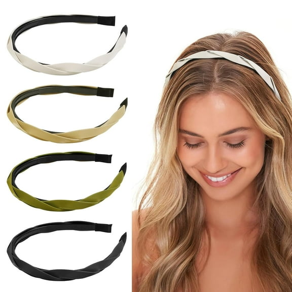 LinYooLi 4 Pieces Braided Headbands for Women Girls Leather Thin Hairbands for Women’s Hair Fashion Non Slip Head Band Solid Colors Hair Accessories