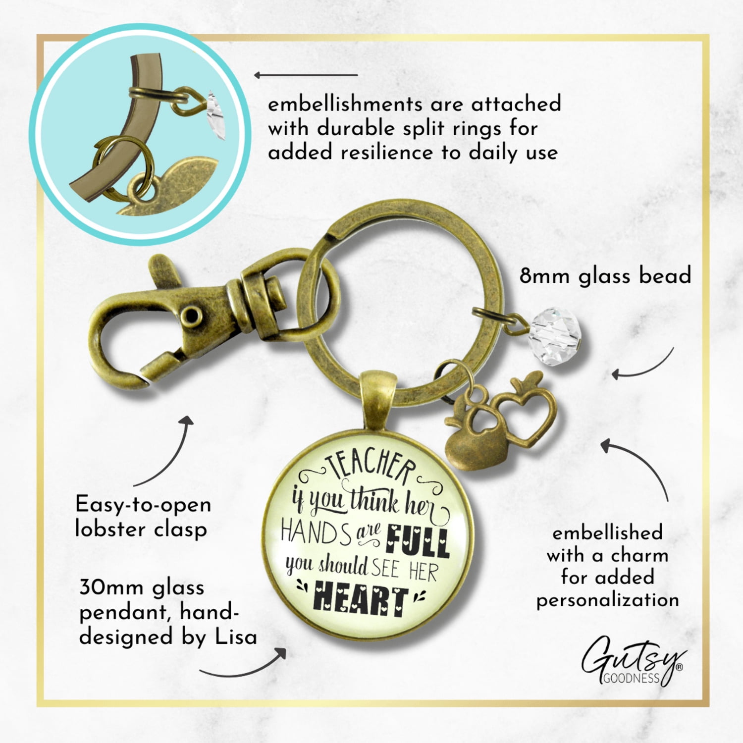 Teacher Gutsy Goodness Bronze Keychain If You Think Her Hands Are Full Heart Jewelry Gift School Quote Apple