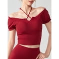 thumbnail image 5 of Women'S Cold Shoulder Summer Halter Top Short Sleeve Off the Shoulder Rib Knit Crop Top Tee Shirt Red L, 5 of 6