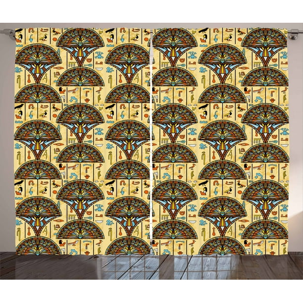 Egyptian Curtains 2 Panels Set, Colorful Folkloric Traditional Ornaments Archeology History