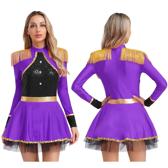 iiniim Women Circus Acrobat Costume Carnival Dance Sparkly Sequins Dress Purple XXL