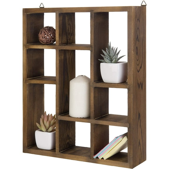 MyGift 9 Compartment Brown Wood Wall Mounted Cube Open Shelf