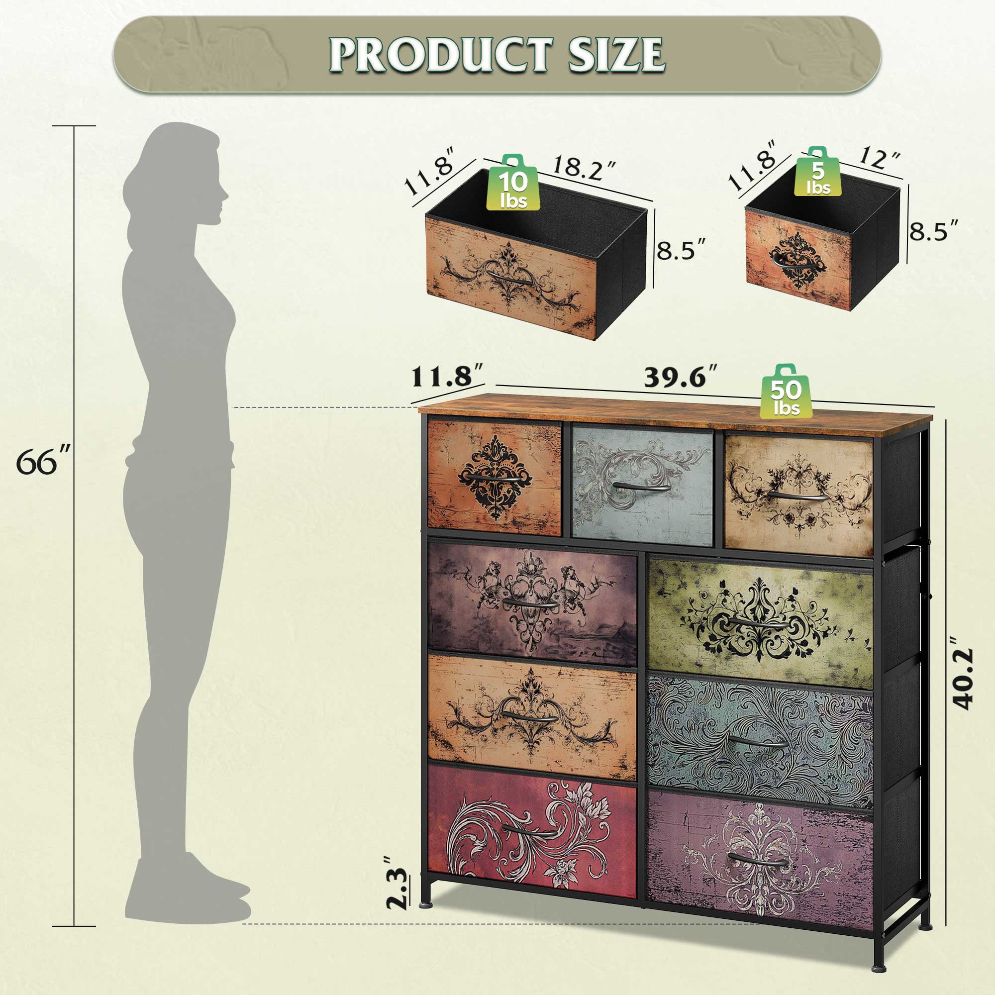 GALAXHERO 9-Drawer Fabric Dresser, Tall Storage Tower for Bedroom, Hallway, Entryway, Closet, Chest Organizer Unit with Fabric Bins, Steel Frame, Wood Top, Easy Pull Handle, Pattern