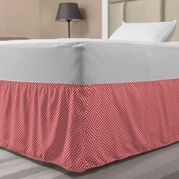 Abstract Bed Skirt, Monochromatic Geometrical Inspired Pattern with Motifs in Squares Symmetry, Elastic Bedskirt Dust Ruffle Wrap Around for Bedding Decor, 4 Sizes, Vermilion White, by Ambesonne