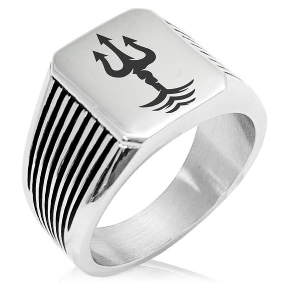 Stainless Steel Poseidon Greek God of Sea Needle Stripe Pattern Biker Style Polished Ring
