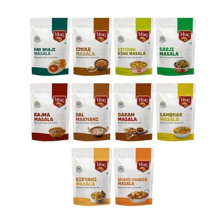 Pure Pav Bhaji + Chole + Kitchen King + Sabji + Rajma + Dal Makhani + Garam Masala + Sambhar + Biryani + Shahi Paneer Masala Powder By Bhoj Masale 200gm, 7.0 Ounce | Pack Of 10