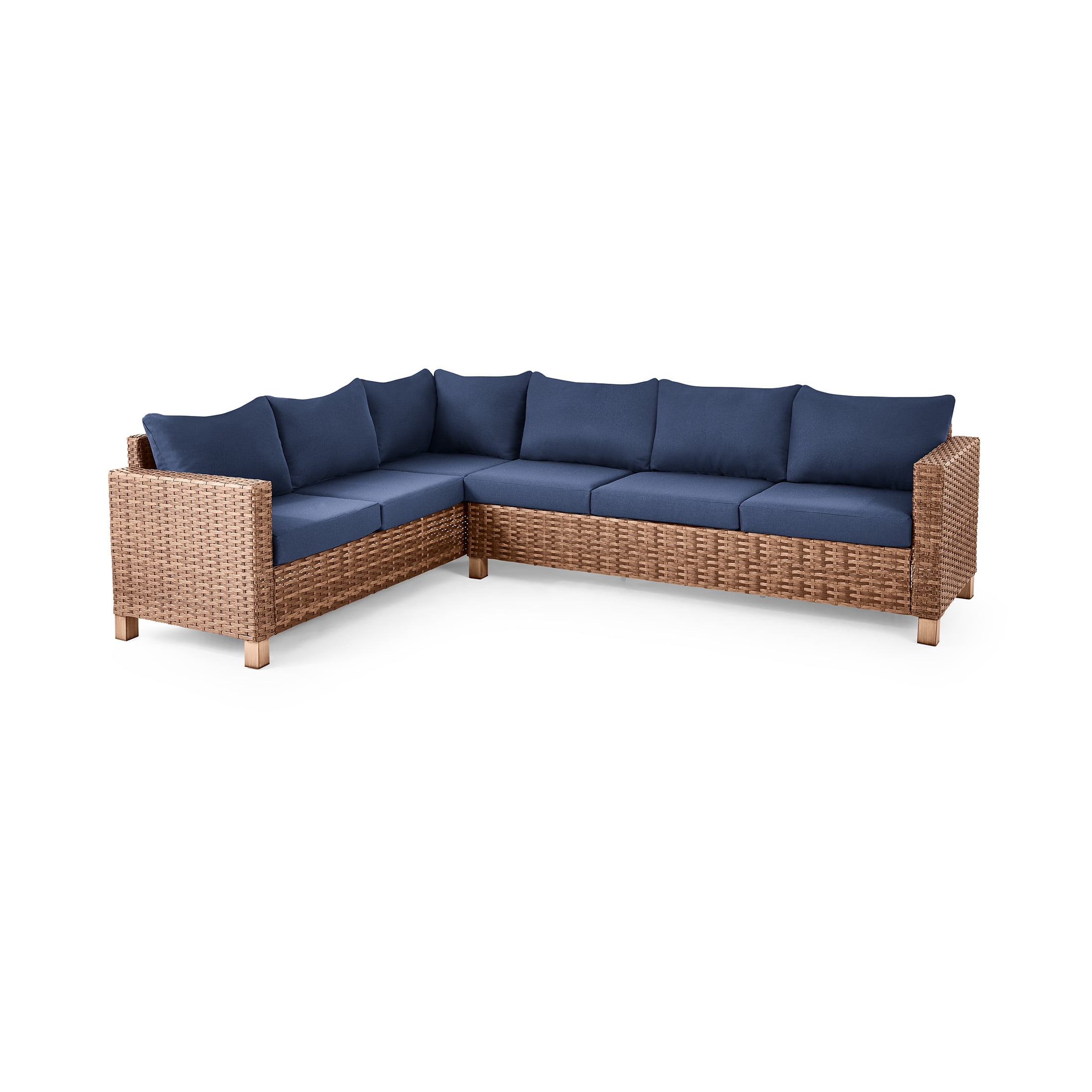 Better Homes & Gardens Brookbury 4-Piece Wicker Patio Sectional Dining Set with Navy Cushions