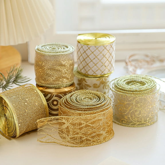 Luoshdecor Christmas Wired Gold Ribbon,Assorted Swirl Edge Patterns Crafts Glitter Ribbon for Gift Wrapping, Crafts, Wreath, Garland, Tree Topper Bows - 2.5in x2.2 Yards